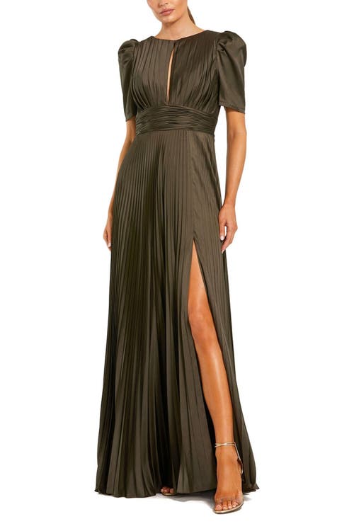 Mac Duggal Pleated Charmeuse Puff Sleeve Evening Gown With Slit In Green