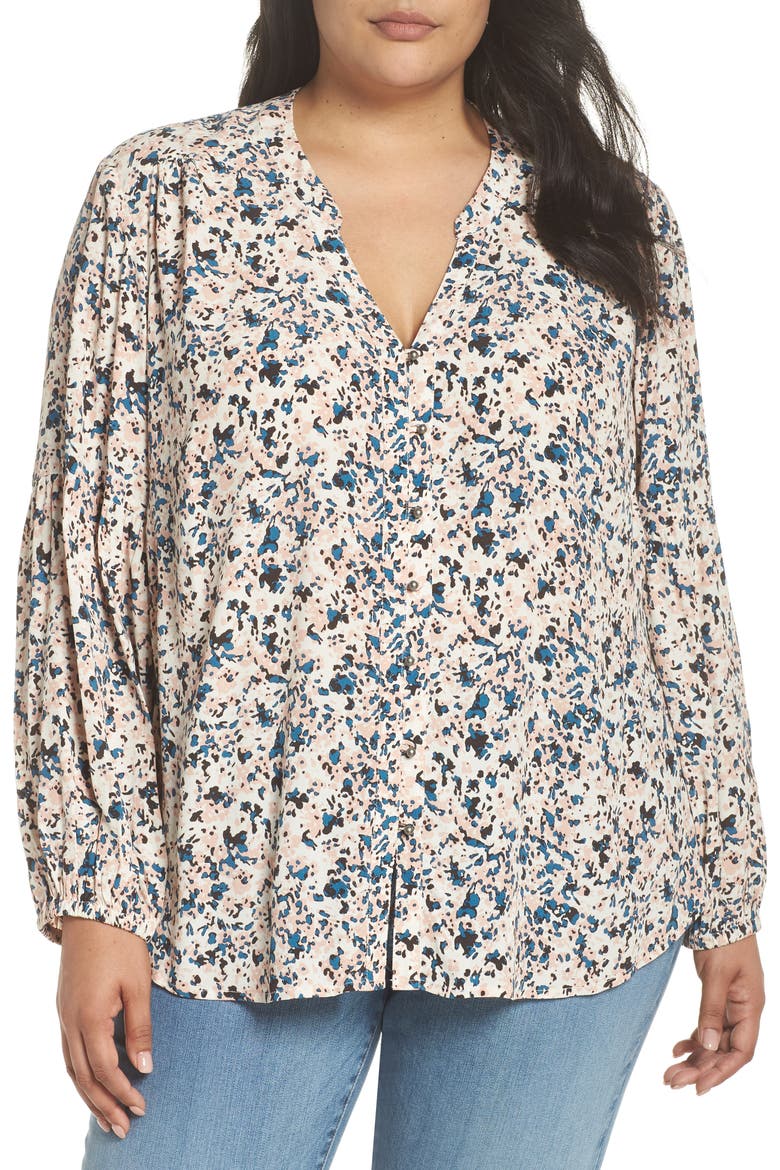 Button-Up Patterned Top, Main, color, IVORY- PINK PIONEER FLORAL