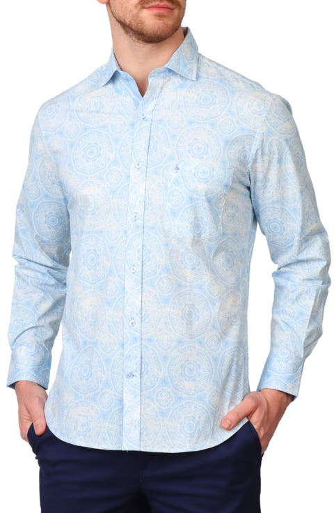 Mandala Stretch Cotton Button-Up Shirt