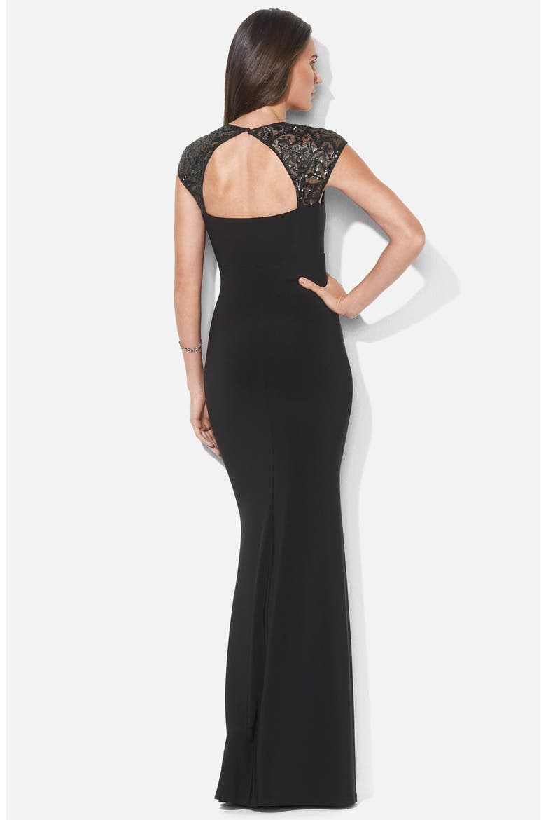 Sequin Lace Sleeve Jersey Gown, Alternate, color, BLACK/ BLACK MATTE