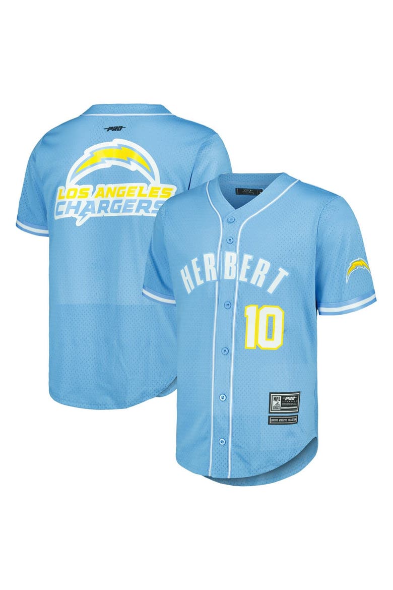 Men's Pro Standard Justin Herbert Powder Blue Los Angeles Chargers Mesh Baseball Button-Up T-Shirt, Main, color, Powder Blue