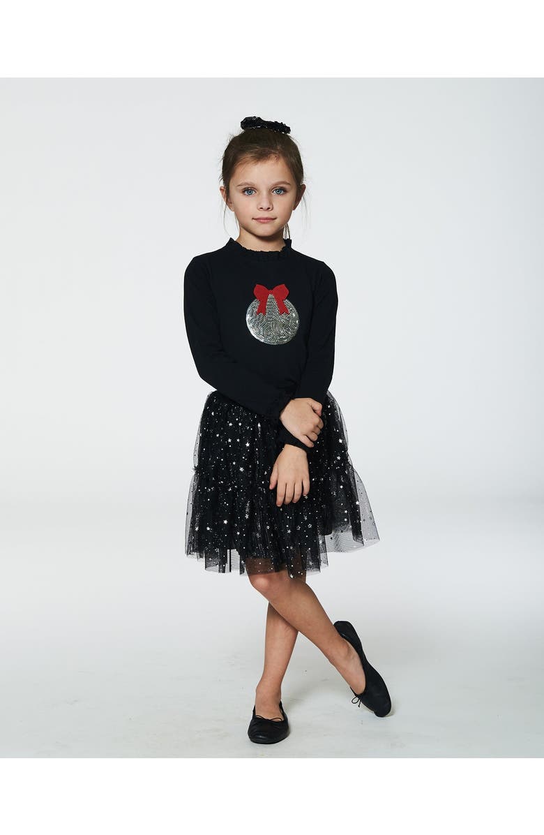 Deux par Deux Little Girl's T-Shirt With Frill And Print Black, Alternate, color, 