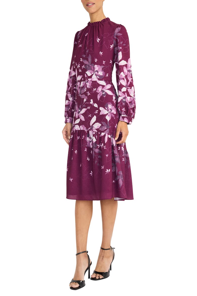Floral Long Sleeve Midi Dress, Alternate, color, RASPBERRY/ MAUVE