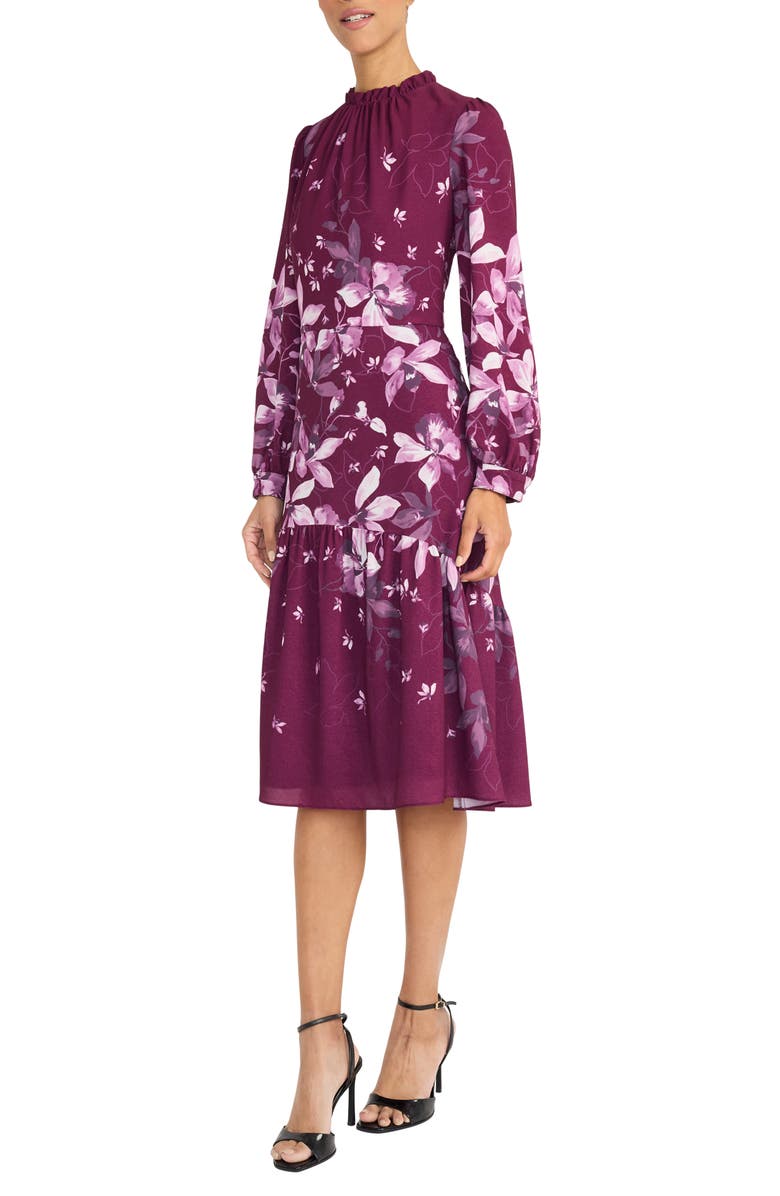 Maggy London Floral Long Sleeve Midi Dress, Alternate, color, Raspberry/ Mauve