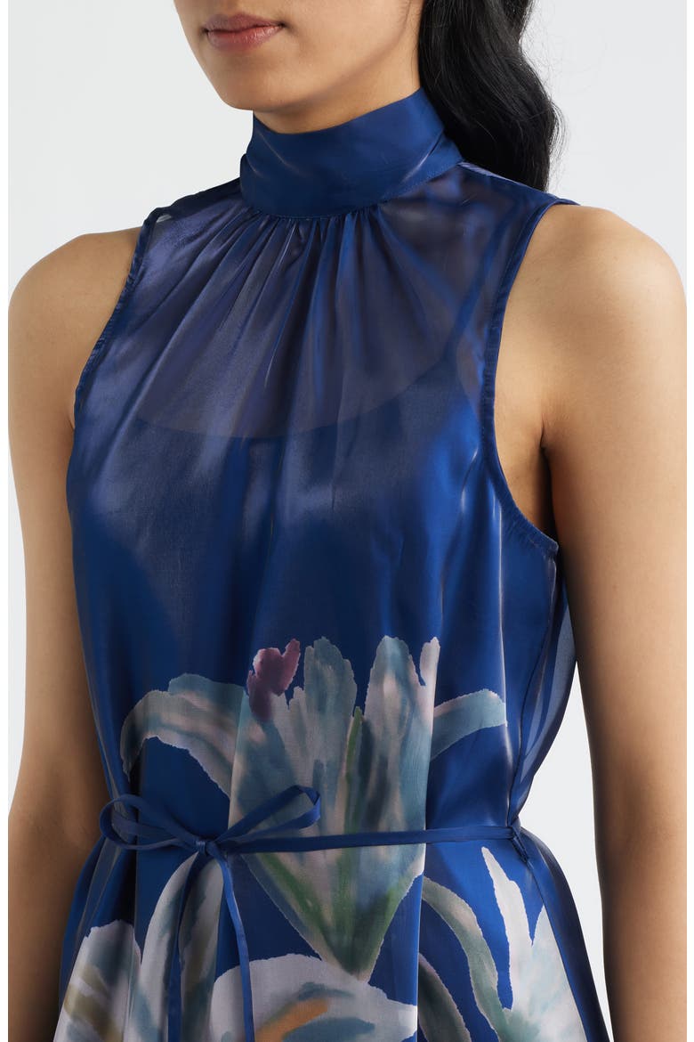 Printed Tie Neck Organza Cocktail Dress, Alternate, color, NAVY MULTI