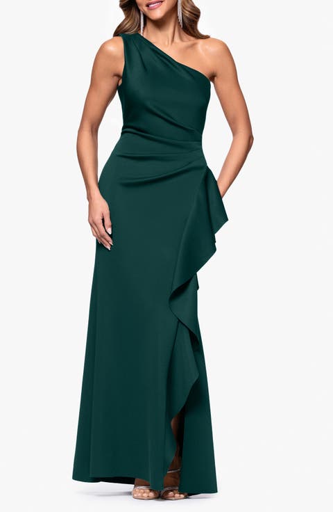 One-Shoulder Ruffle Scuba Crepe Gown (Regular & Petite)
