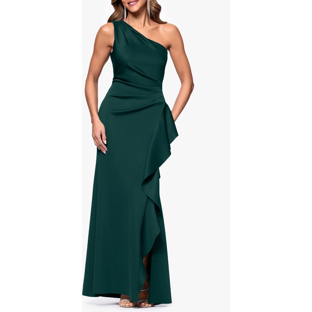 Xscape Evenings One-shoulder Ruffle Scuba Crepe Gown In Green