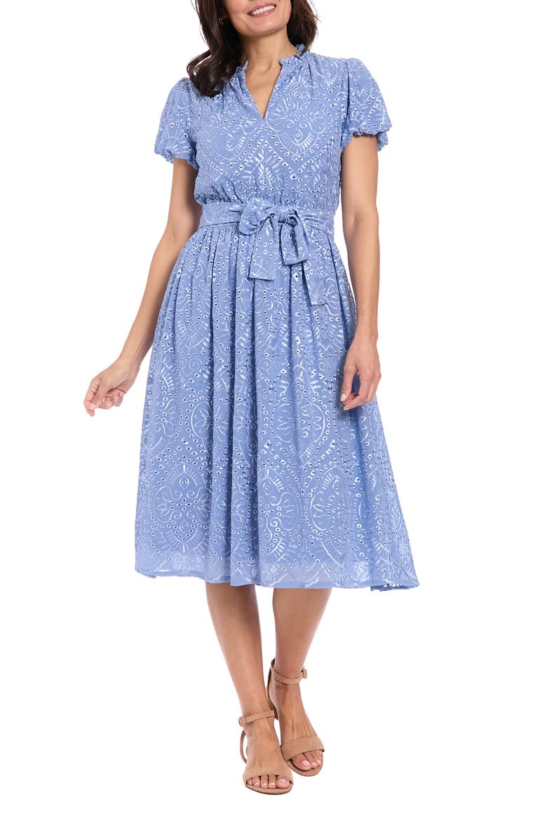 Eyelet Ruffle Neck Puff Sleeve Fit & Flare Dress, Main, color, ENGLISH MANOR