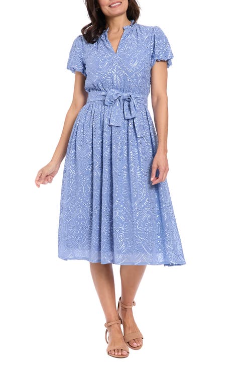 Eyelet Ruffle Neck Puff Sleeve Fit & Flare Dress (Petite)