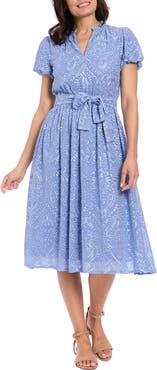 London Times Eyelet Ruffle Neck Puff Sleeve Fit & Flare Dress