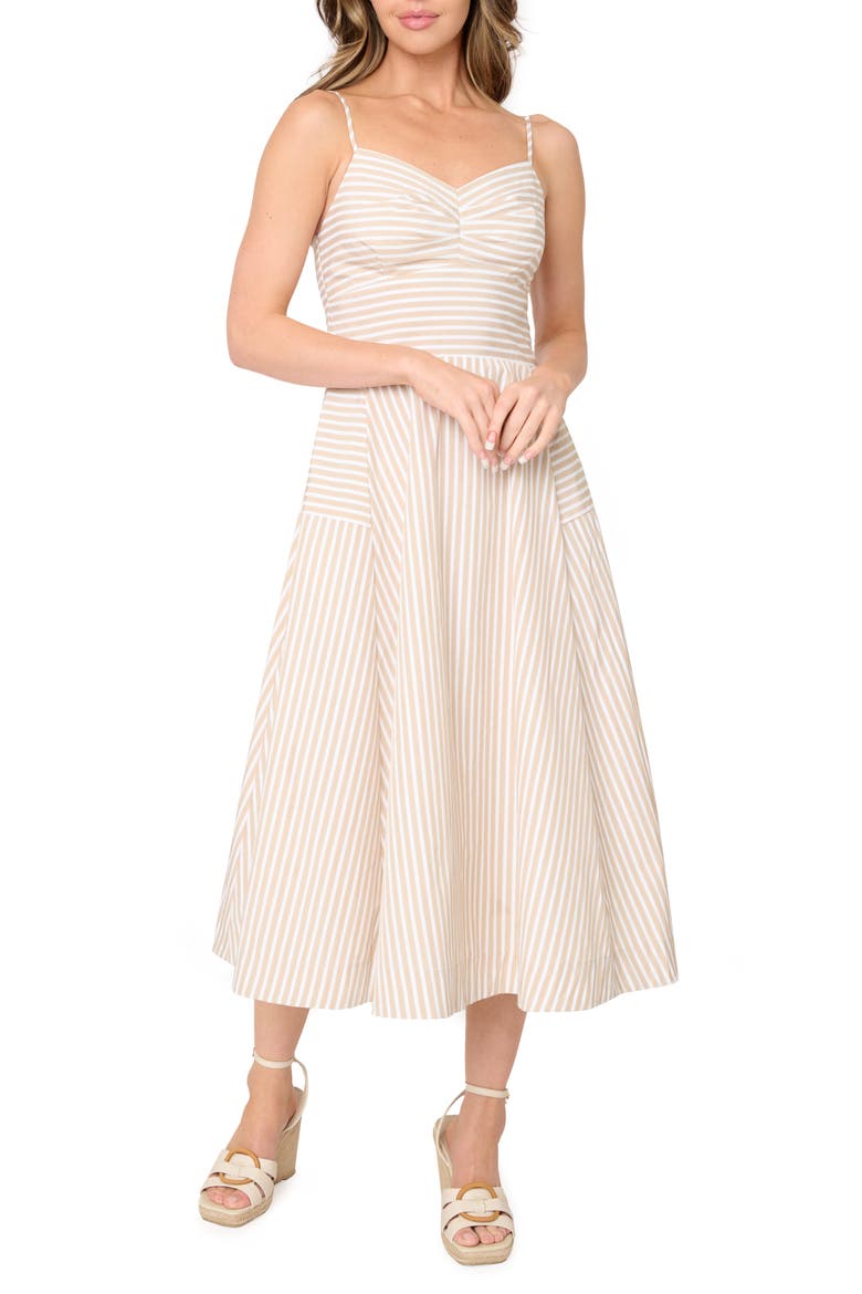 Amanda Stripe Cotton Blend Poplin Sundress, Main, color, KHAKI STRIPE