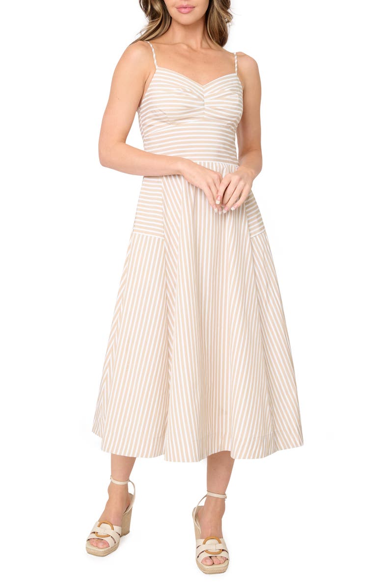 GIBSONLOOK Amanda Stripe Cotton Blend Poplin Sundress, Main, color, Khaki Stripe