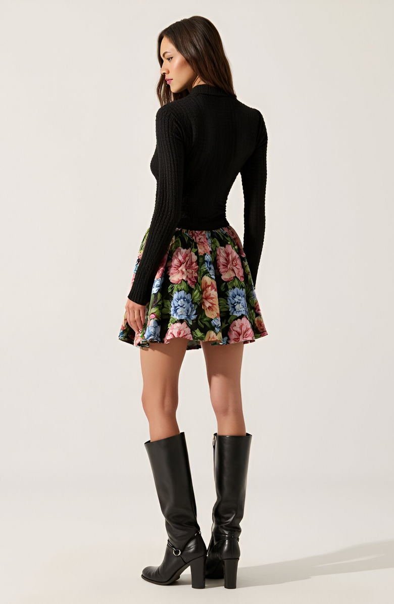 Modenaire Rib-Knit Mock Neck Long Sleeve Dress with Floral Skirt, Alternate, color, 