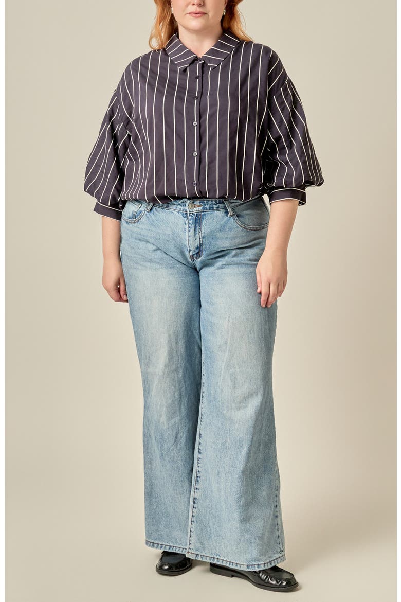 Striped Balloon Sleeve Shirt, Alternate, color, NAVY/ WHITE