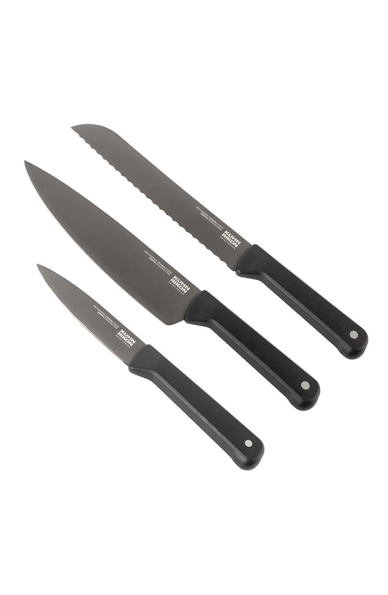 Kuhn Rikon ICED 3 Piece Knife Set, Paring, Chef, Bread, Ice Hardened German Stainless Blade, Main, color, Black