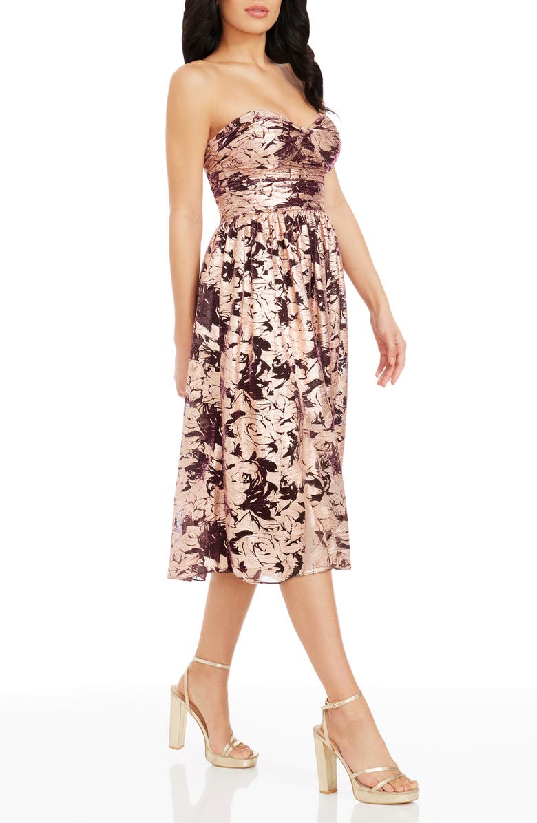 Dress the Population Mandy Metallic Floral Strapless Cocktail Dress, Alternate, color, Copper Multi