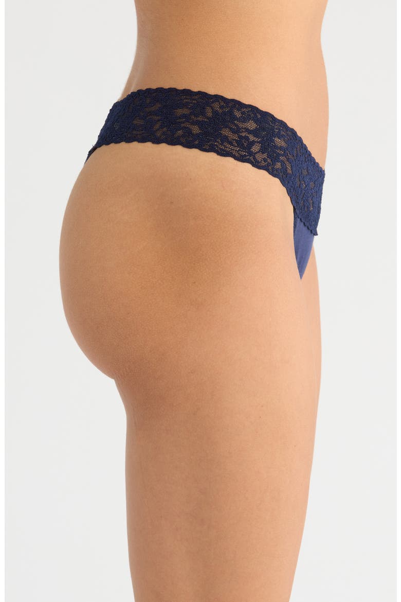 Cotton & Stretch Lace Original Rise Thong, Alternate, color, NAVY