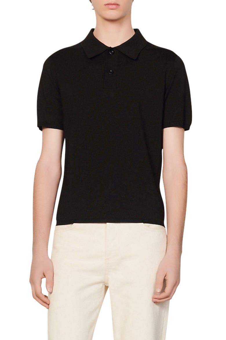 Short-sleeve knitted polo shirt, Main, color, BLACK