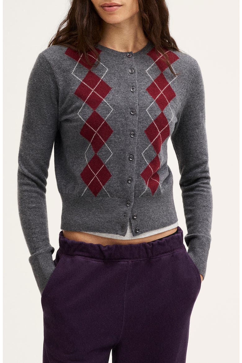 The Sophia Argyle SoftWool Cardigan, Main, color, HEATHER GREY AND MERLOT ARGYLE