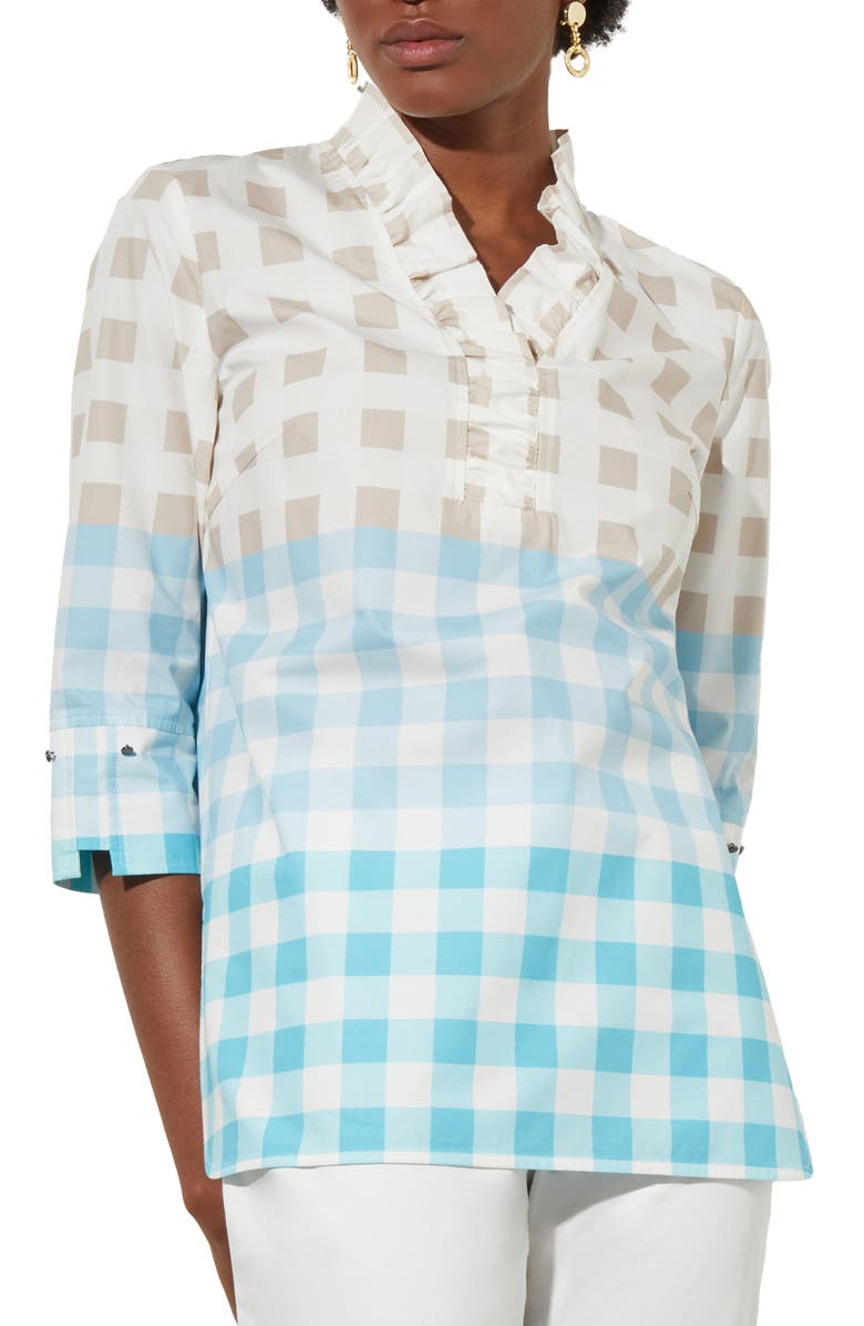 Ming Wang Ruffle Neck Gingham Shirt, Main, color,