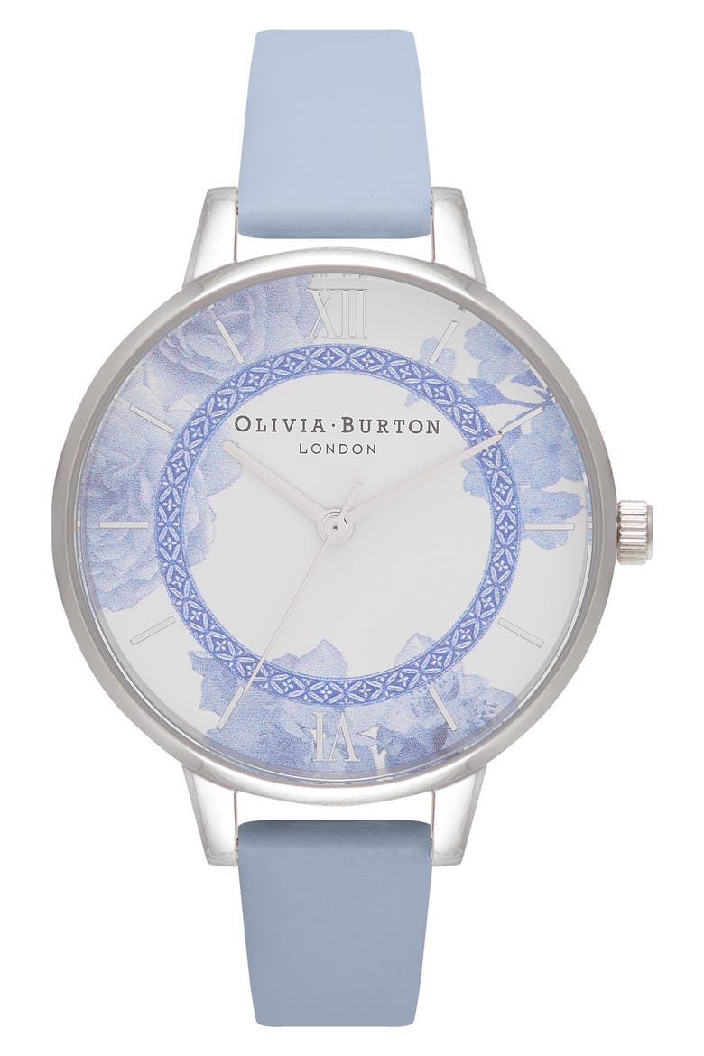 Tea Party Leather Strap Watch, 34mm, Main, color, BLUE/ WHITE