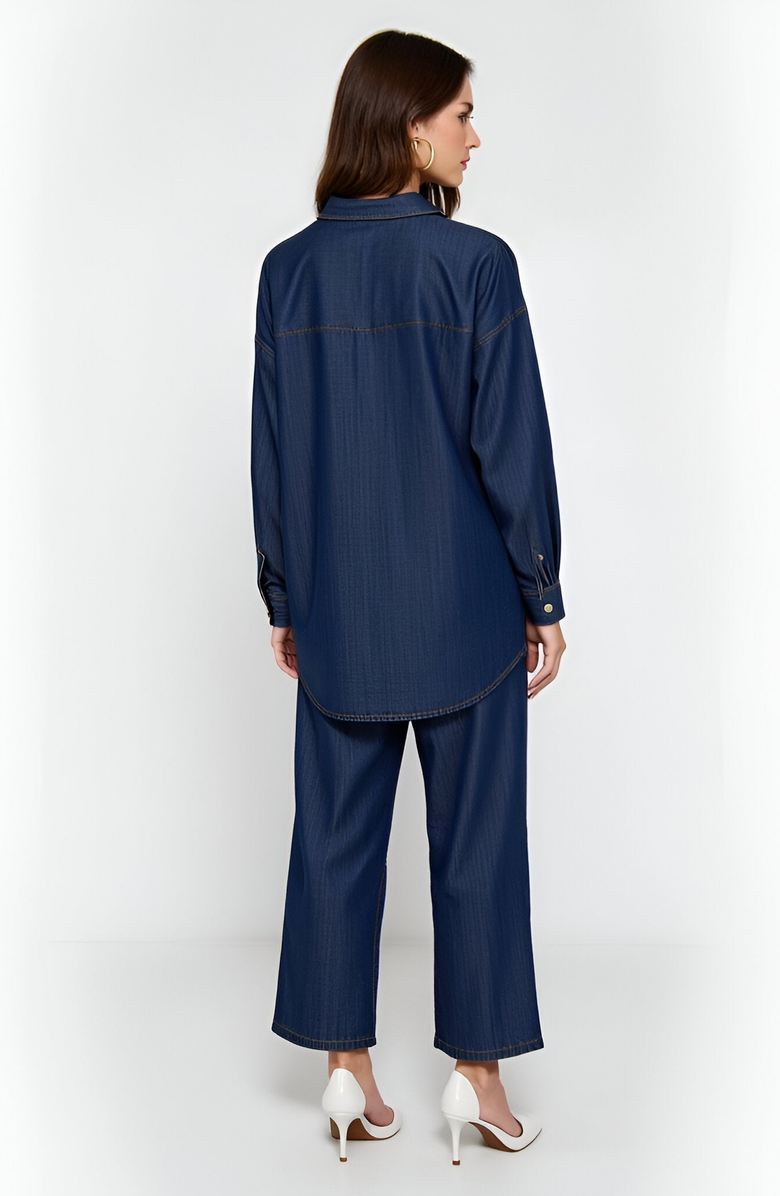 Modenaire Classic Button-Up Denim Shirt with Contrast Stitching and Long Sleeves, Alternate, color, 