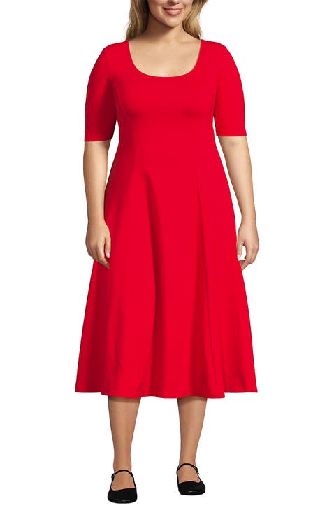 Plus Size Starfish Elbow Sleeve Midi Fit and Flare Dress