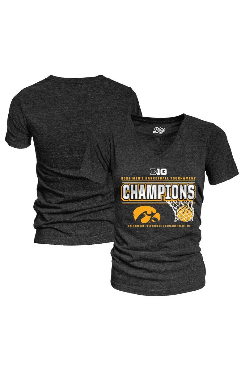 BLUE 84 Women's Blue 84 Heathered Black Iowa Hawkeyes 2022 Big Ten Men's Basketball Conference Tournament Champions Locker Room V-Neck T-Shirt, Main, color,