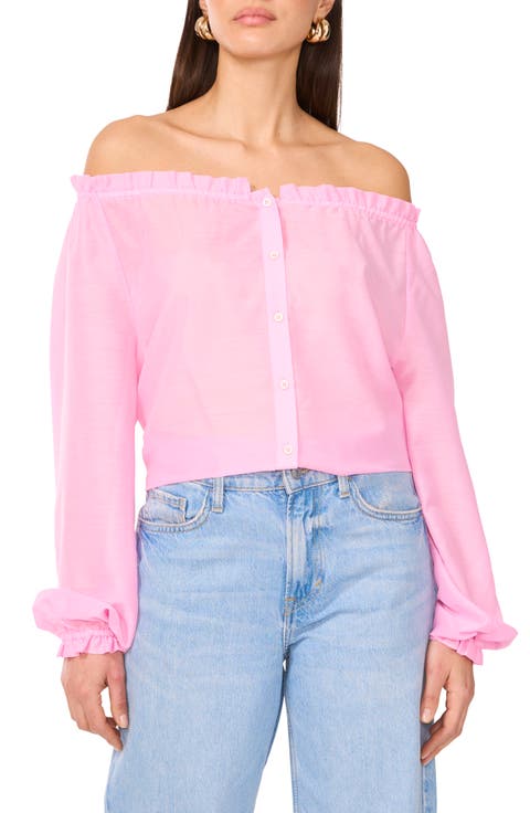 Off the Shoulder Long Sleeve Button-Up Top