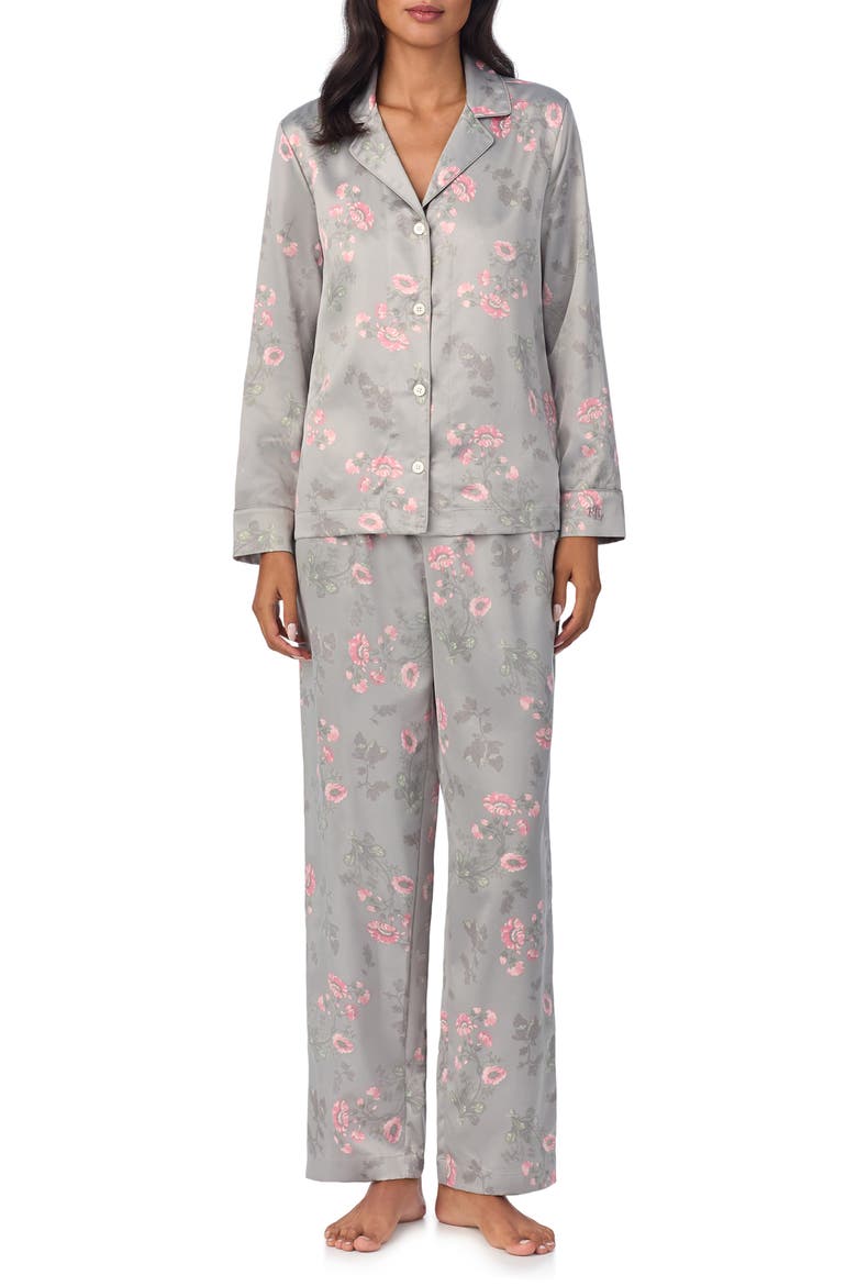 Floral Notch Collar Pajamas, Main, color, GREY PRT