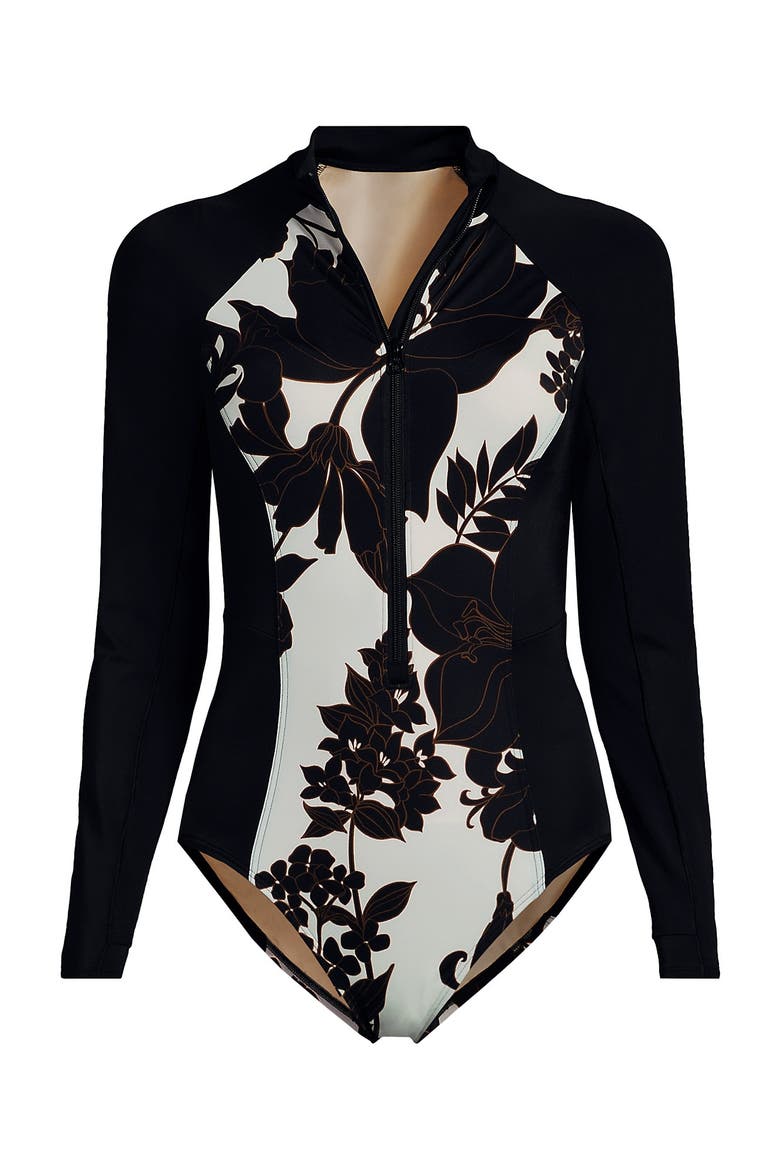 Tugless Long Sleeve Rash Guard One Piece Swimsuit, Alternate, color, Egret/Black Lilies