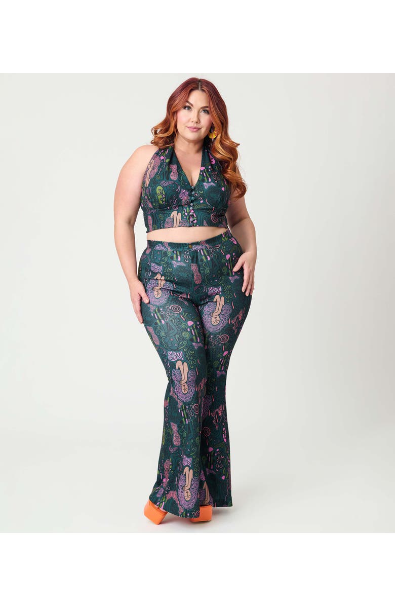 Smak Parlour Plus Size 1970's Find Your Flare Pants, Main, color, Green Mannequin Print