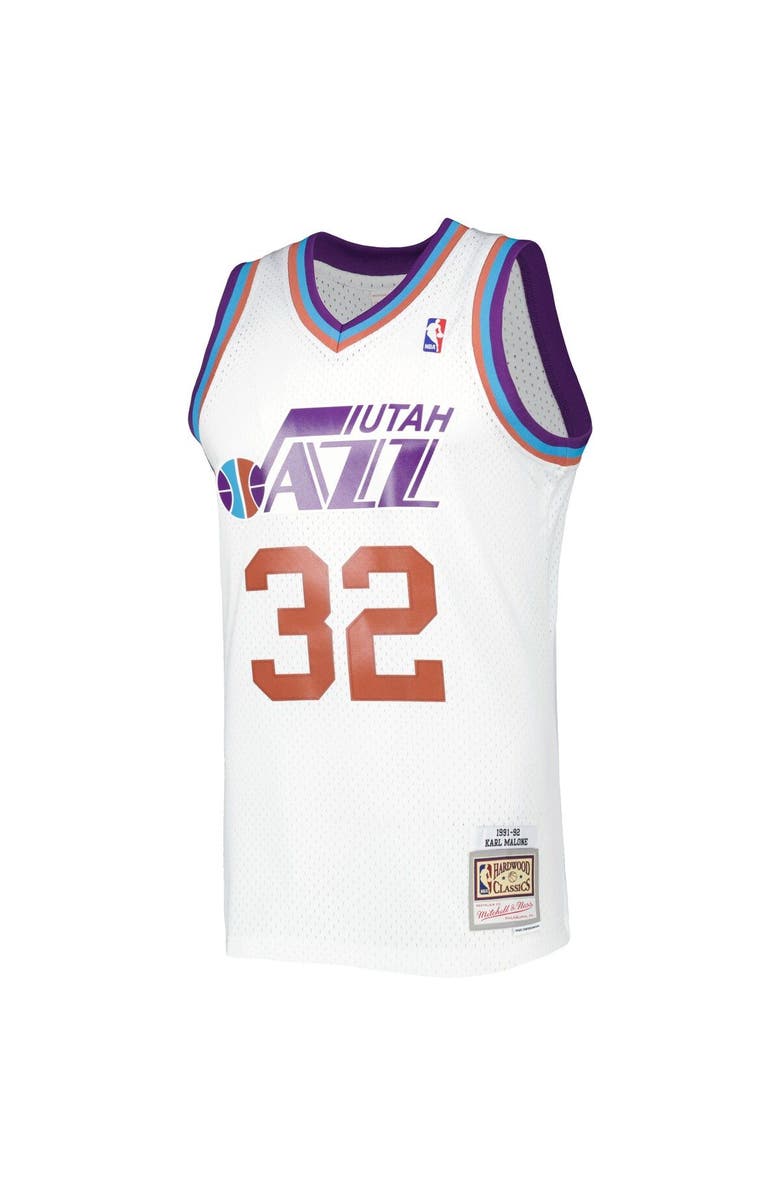 Mitchell & Ness Men's Mitchell & Ness Karl Malone White Utah Jazz 1991/92 Hardwood Classics Reload 3.0 Swingman Jersey, Alternate, color,