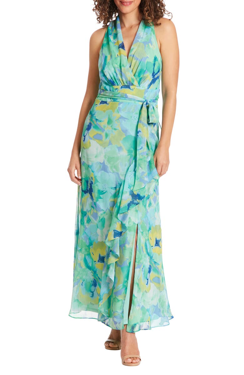 London Times Floral Ruffle Sleeveless Chiffon Maxi Dress, Main, color, 