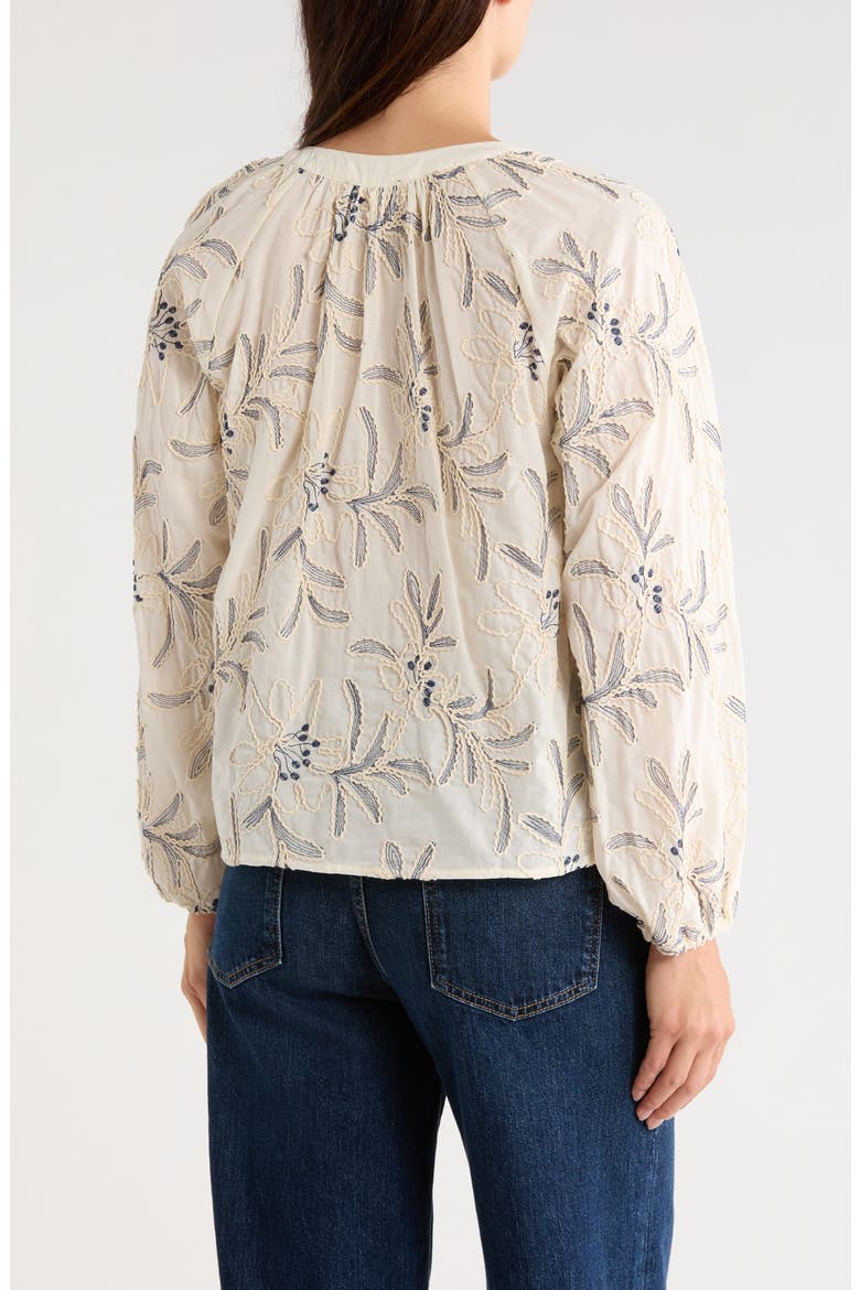Embroidered Long Sleeve Cotton Top, Alternate, color, CREAM/ DEEP BLUE