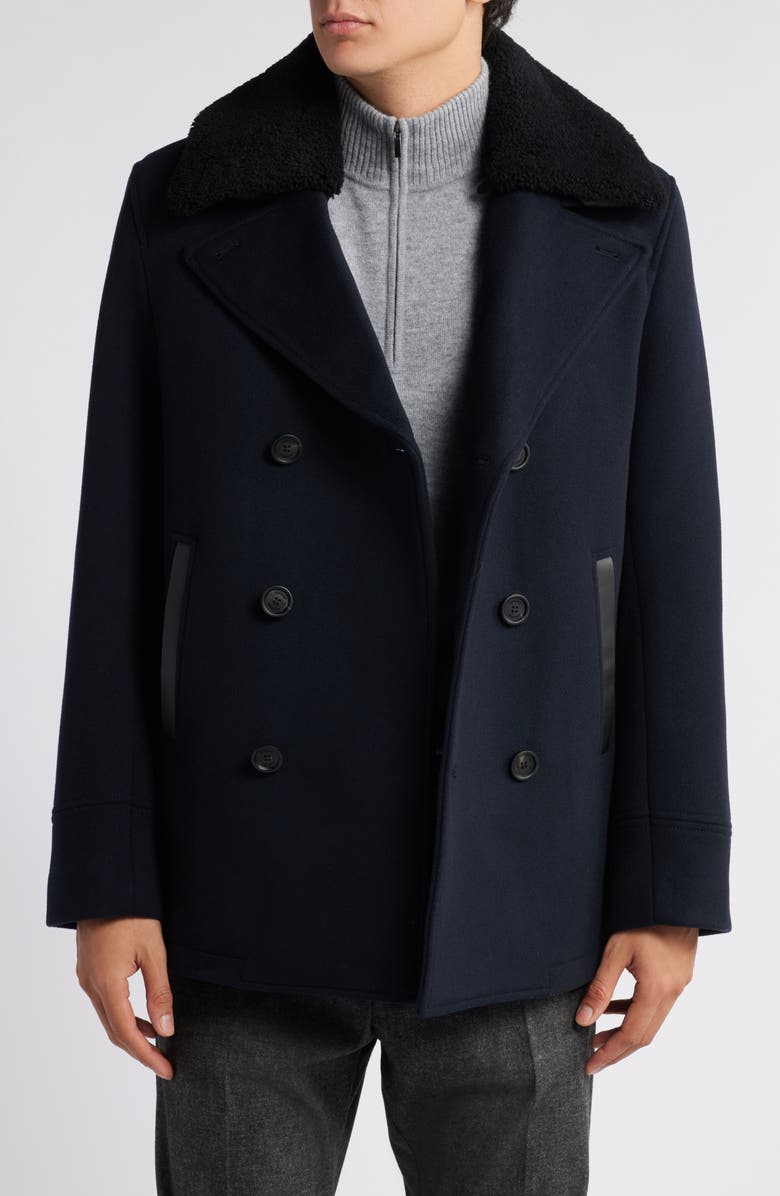 Mackage Cole Wool Peacoat with Genuine Shearling Collar, Main, color,