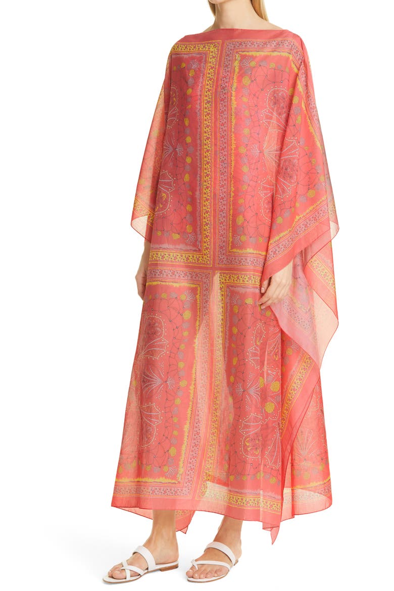 Conch Print Cotton Cover-Up Caftan, Alternate, color, CORAL