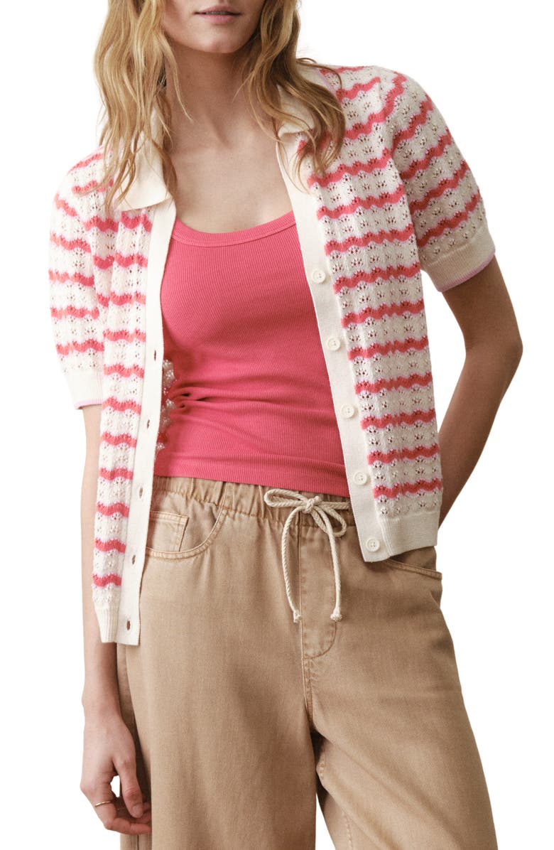 Marine Layer Piper Stripe Pointelle Stitch Cotton Button-Up Shirt, Main, color, Warm Wave