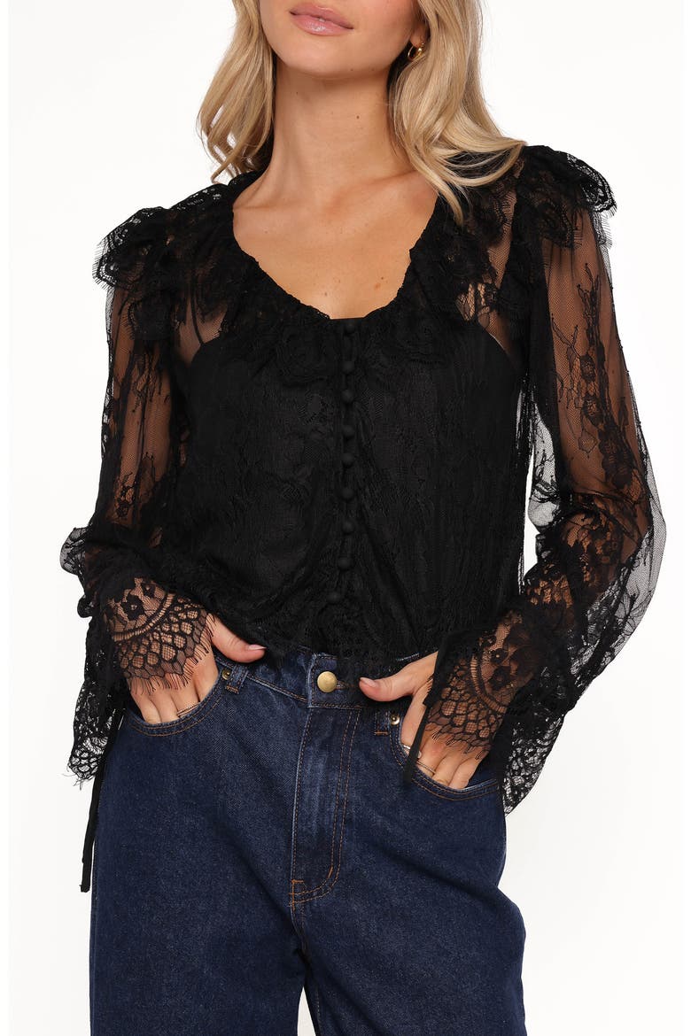 Yeva Ruffle & Lace Top, Main, color, BLACK