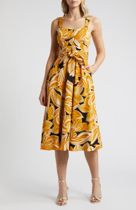 Abstract Floral Belted Midi Dress