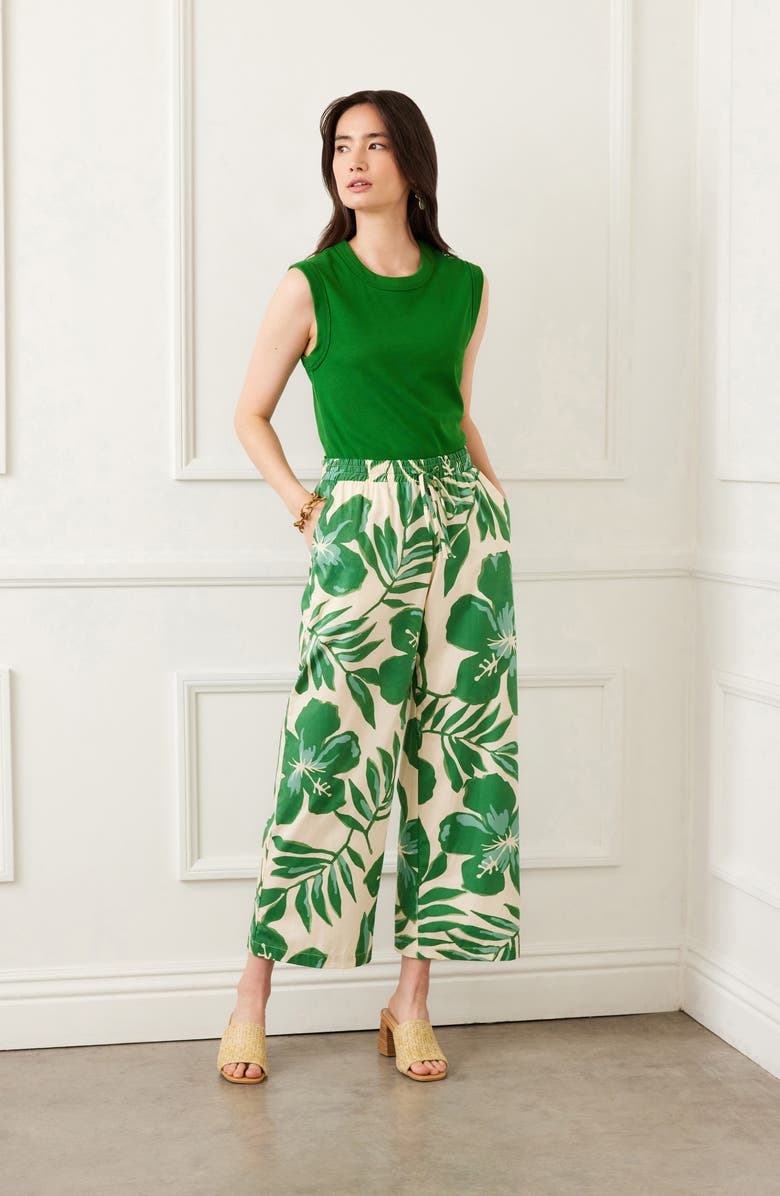 Karen Kane Floral Wide Leg Cotton Drawstring Pants, Alternate, color, Green Floral Print