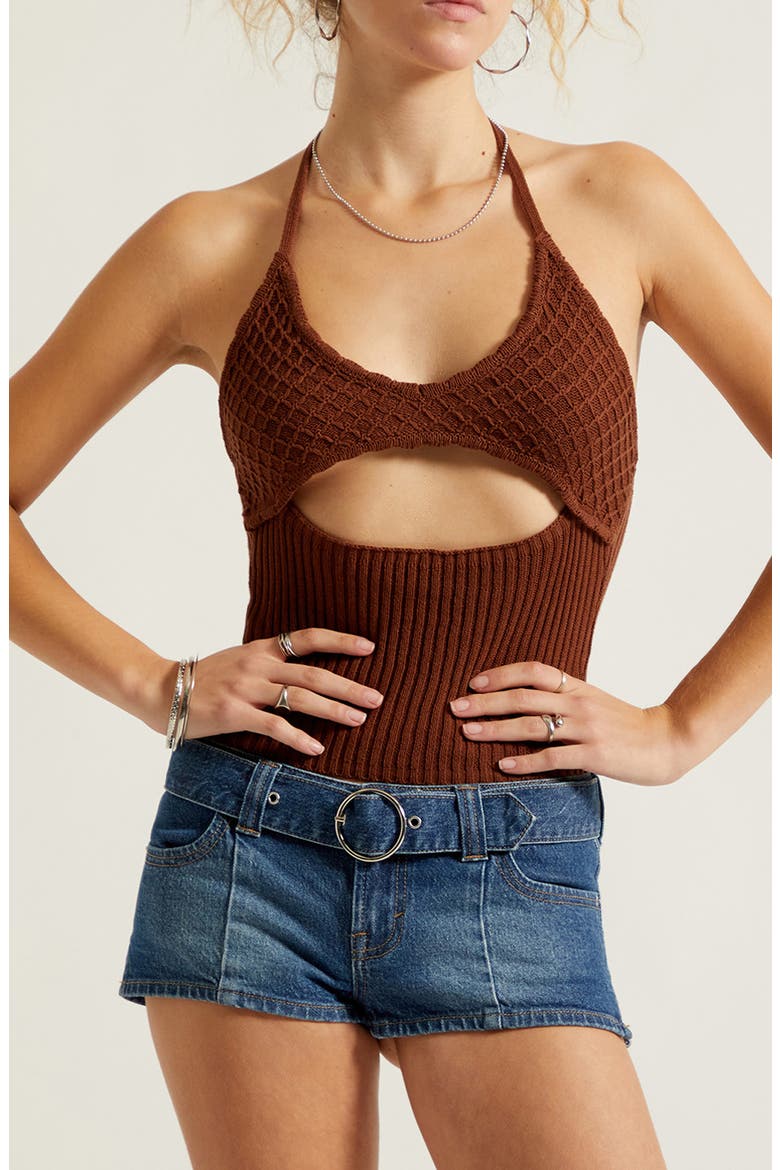 Serafina Knit Halter Neck Crop Tank, Main, color, BROWN
