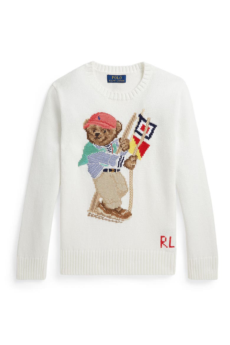 Kids' Polo Bear Cotton Crewneck Sweater, Main, color, DECK WASH WHITE