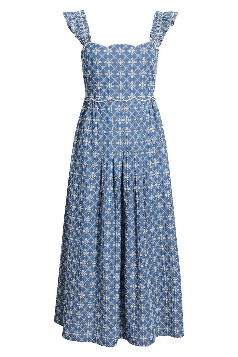 Embroidered Flutter Sleeve Cotton Blend Midi Dress, Alternate, color, BLUE