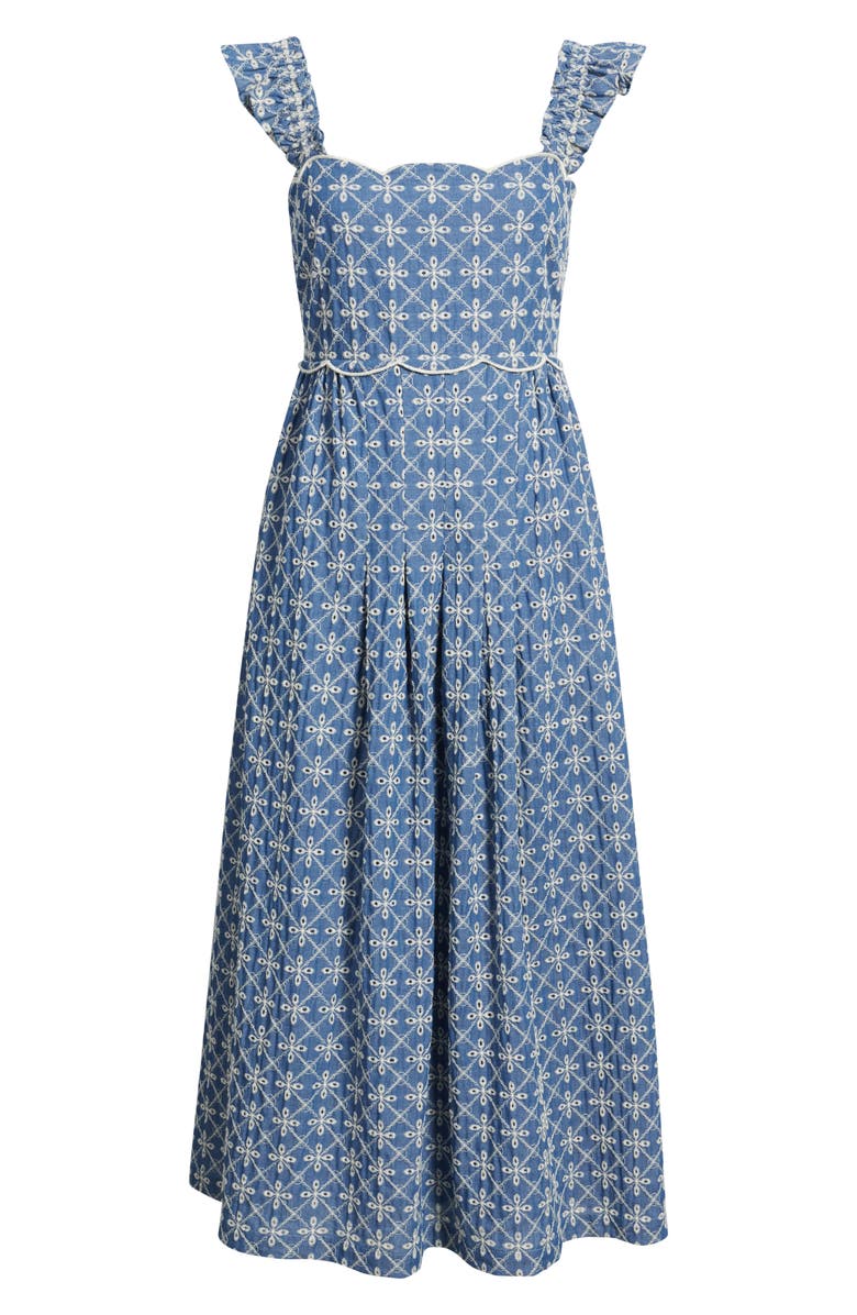 MOON RIVER Embroidered Flutter Sleeve Cotton Blend Midi Dress, Alternate, color, Blue