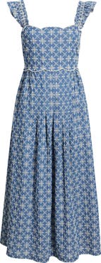 MOON RIVER Embroidered Flutter Sleeve Cotton Blend Midi Dress