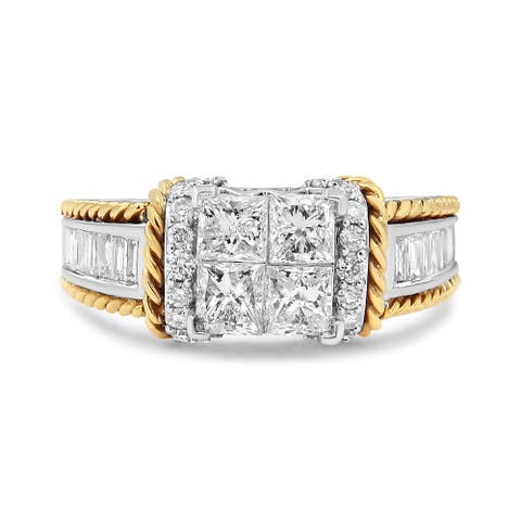 14K White and Yellow Gold 1 1/2Cttw Diamond Quad Engagement Ring