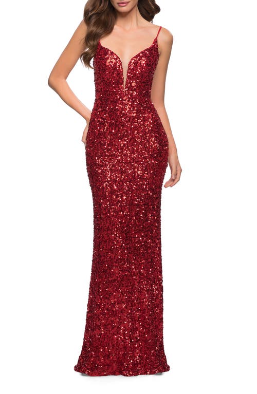 La Femme Gorgeous Sequin Dress With V Neck And Open Back In Red