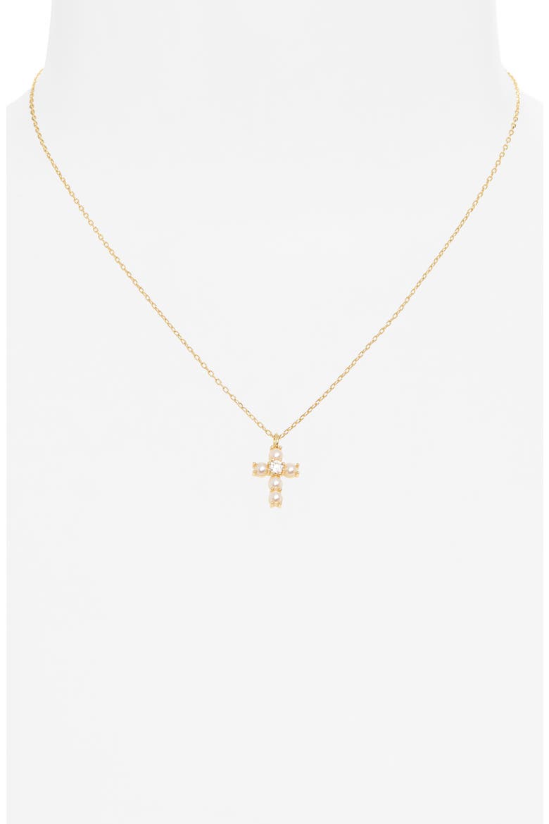 Faux Pearl Beaded Cross Pendant Necklace, Alternate, color, GOLD