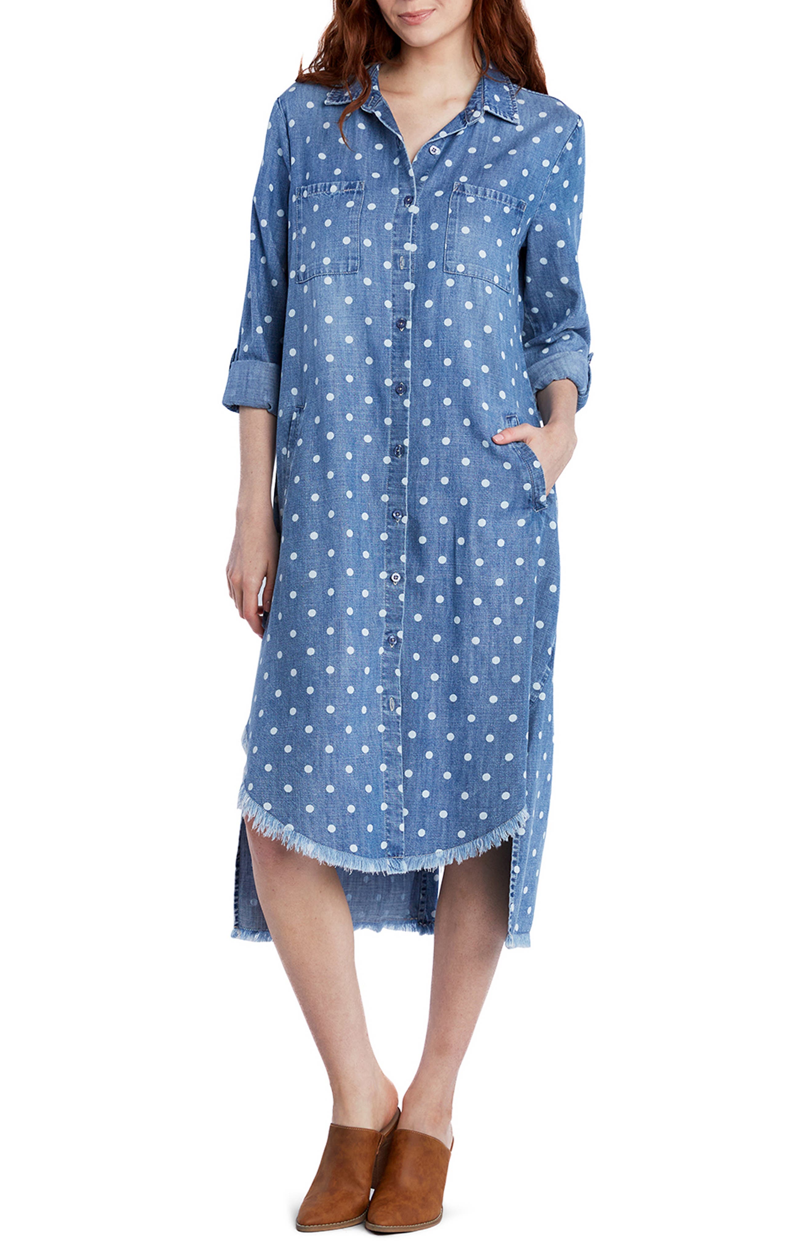 Three-Quarter Sleeve High-Low Chambray Shirtdress